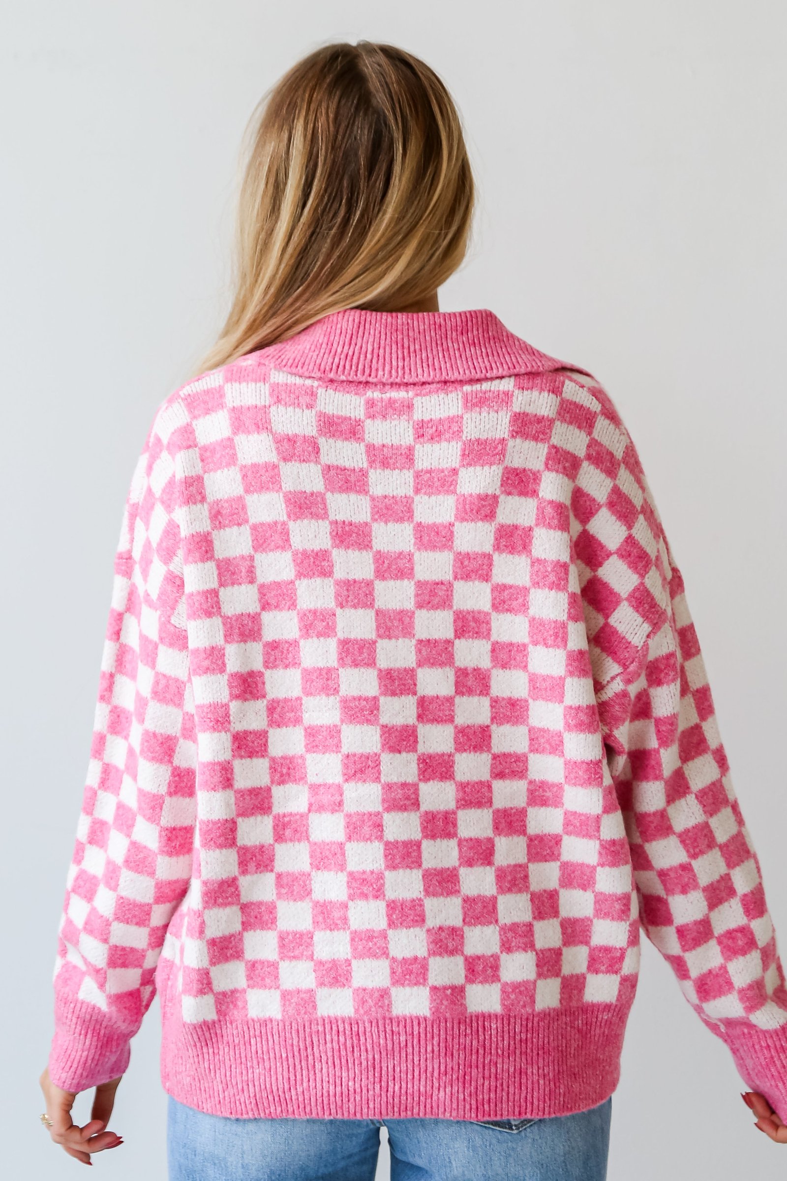 Warmly Adored Pink Checkered Collared Oversized Sweater