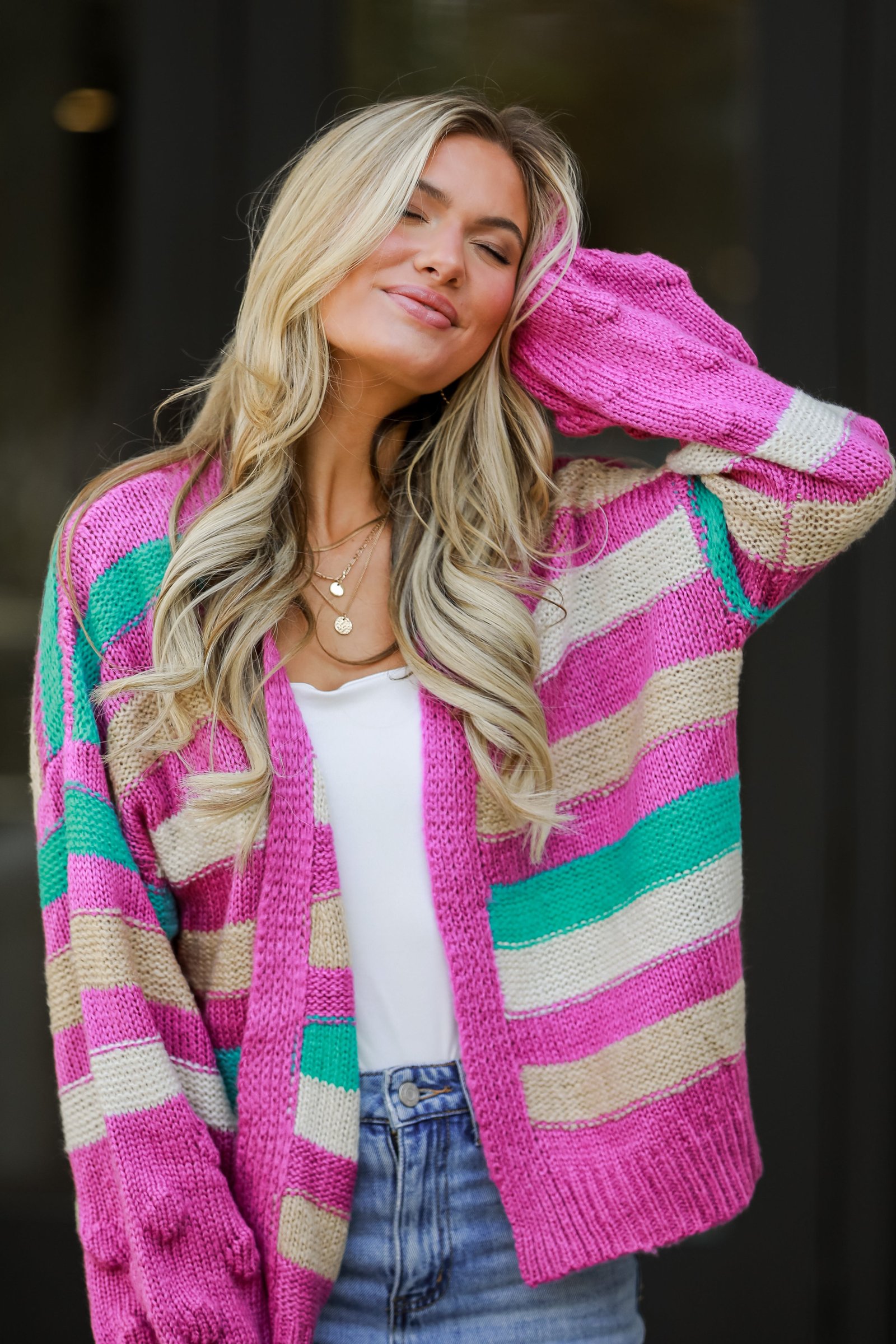 Easygoing Style Fuchsia Striped Sweater Cardigan